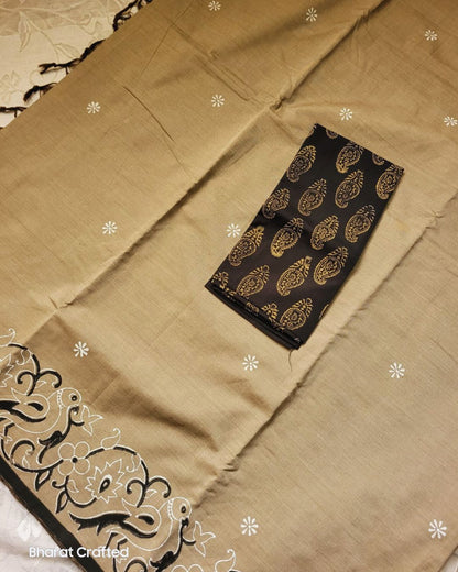 Cotton Mix Block Printed Saree with Contrast Additional Blouse Piece - Golden Grey Parrot Border
