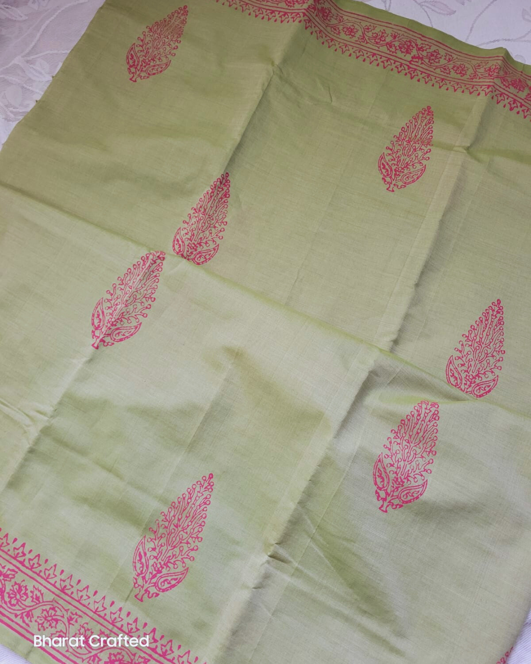 Cotton Mix Block Printed Saree with Contrast Additional Blouse Piece - Pastel Green