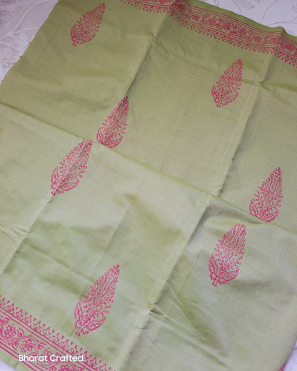 Cotton Mix Block Printed Saree with Contrast Additional Blouse Piece - Pastel Green
