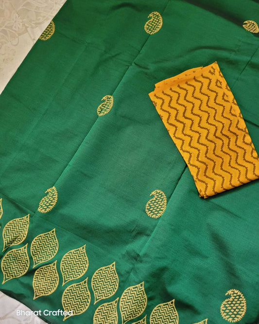 Cotton Mix Block Printed Saree with Contrast Additional Blouse Piece - Green Yellow Blouse