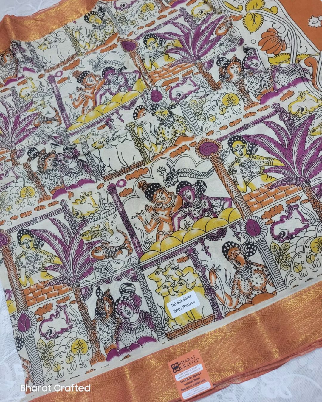 Kalamkari Nizam Border radha krishna cow and fish Printed Saree