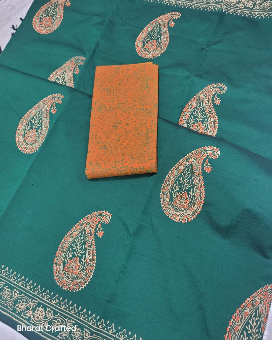 Cotton Mix Block Printed Saree with Contrast Additional Blouse Piece - Green & Orange Paisley