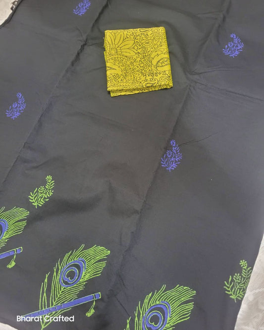Cotton Mix Block Printed Saree with Contrast Additional Blouse Piece flute and peacock feather