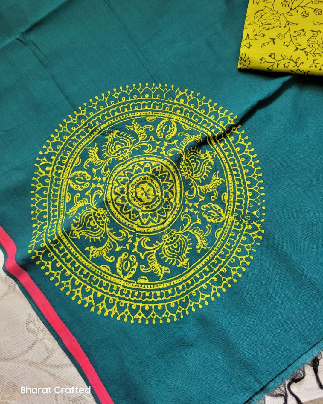 Cotton Mix Block Printed Saree with Contrast Additional Blouse Piece - Florescent Green Chakra