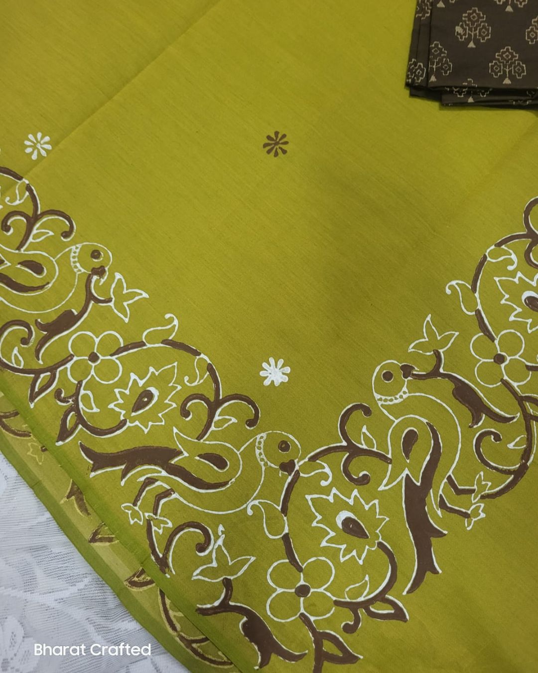 Cotton Mix Block Printed Saree with Contrast Additional Blouse Piece - Parrot Border