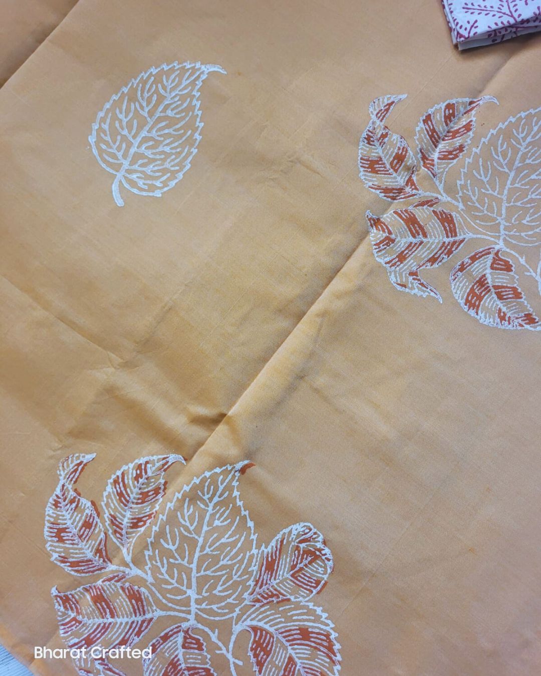 Cotton Mix Block Printed Saree with Contrast Additional Blouse Piece - Orange Champa