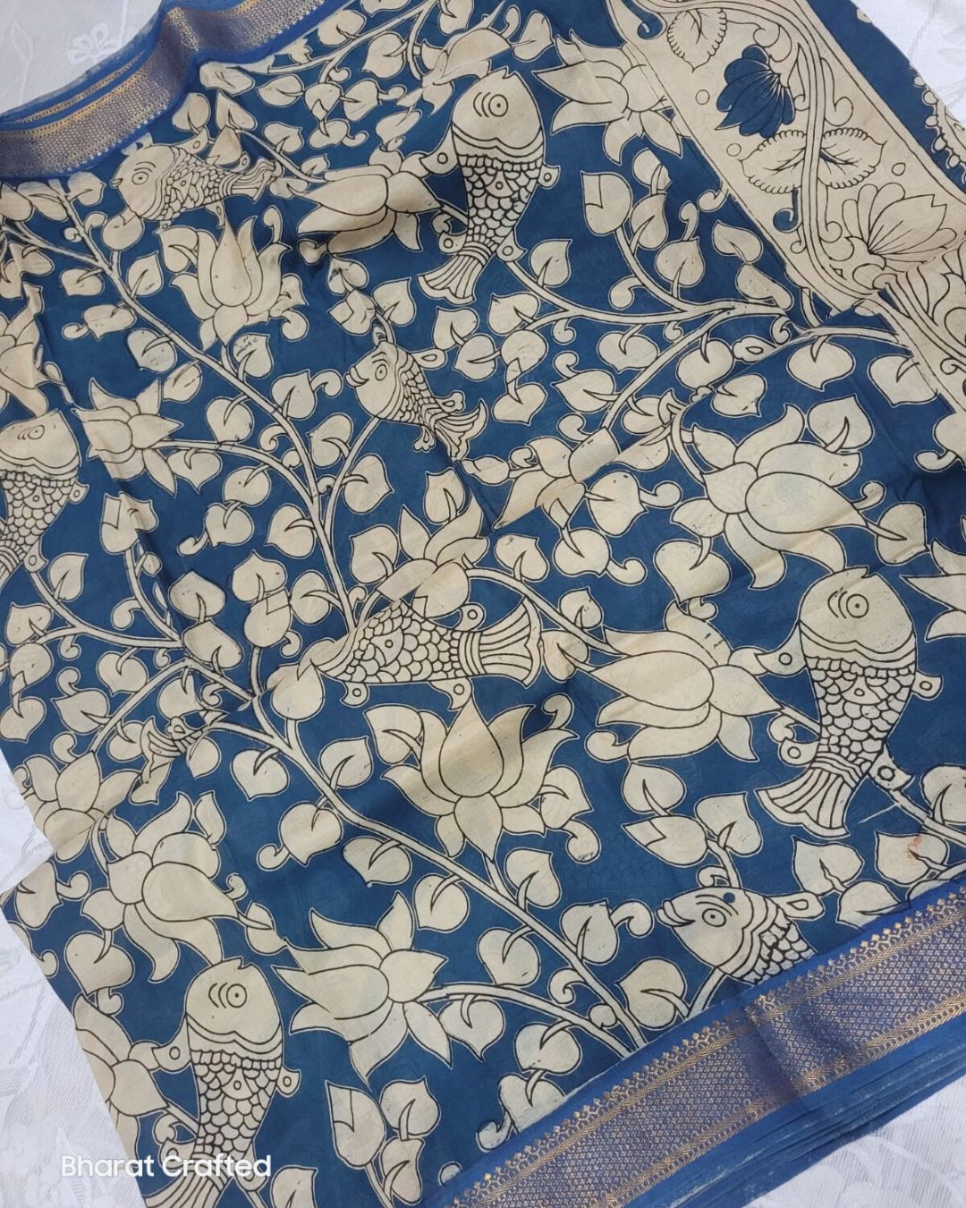 Kalamkari Nizam Border flower fish saree