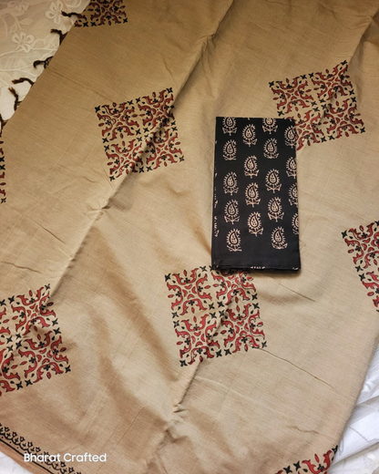 Cotton Mix Block Printed Saree with Contrast Additional Blouse Piece - Dusky Grey With Prisma Print