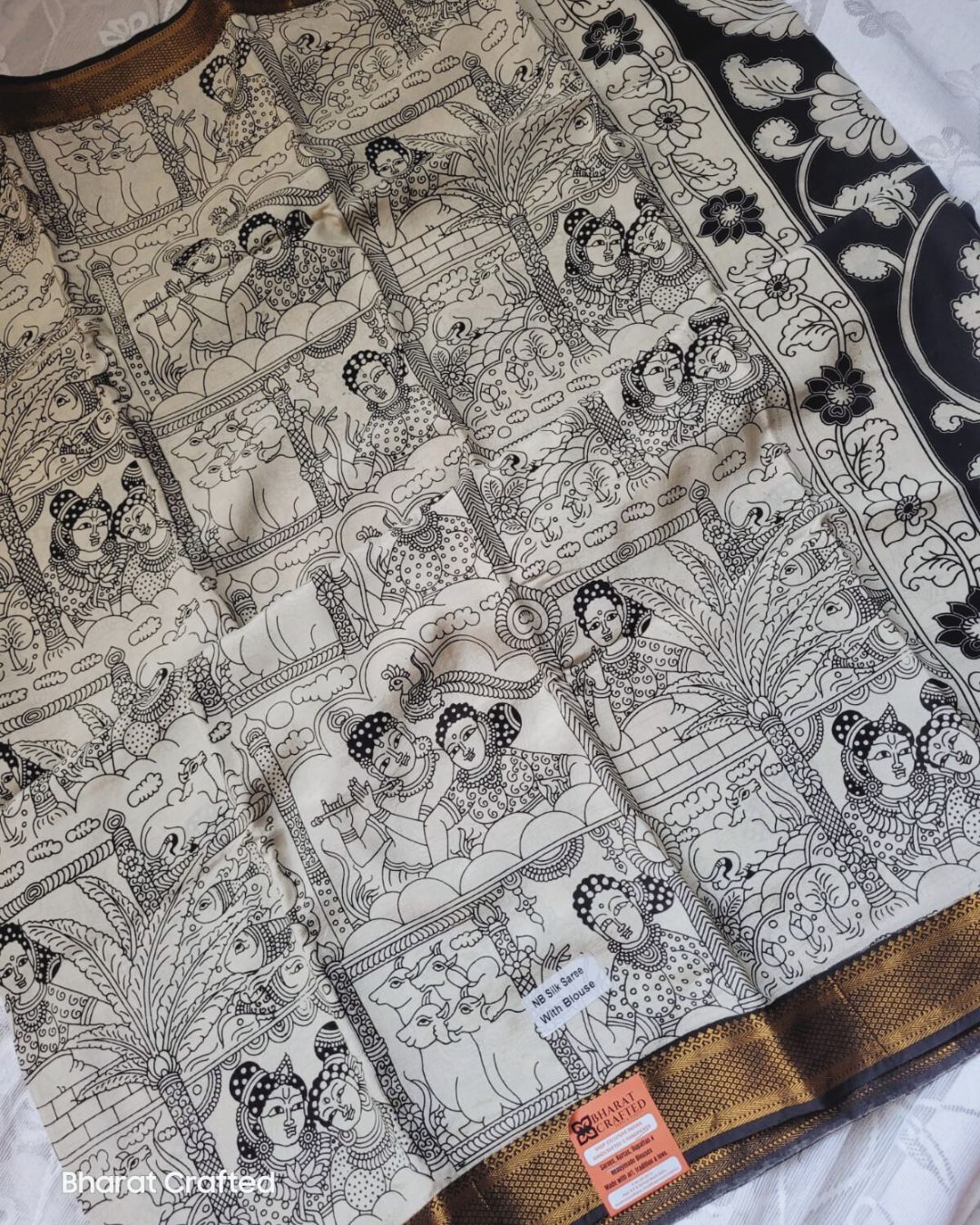 Kalamkari Nizam Border radha krishna Printed Saree
