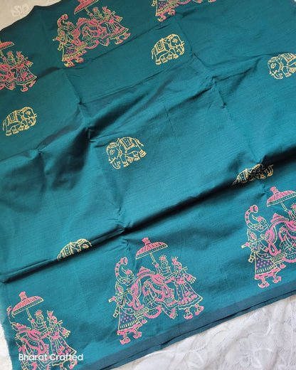 Cotton Mix Block Printed Saree with Contrast Additional Blouse Piece - Shaym Blue Ambari