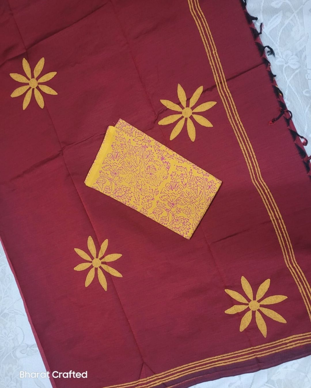 Cotton Mix flower Block Printed Saree with Contrast Additional Blouse