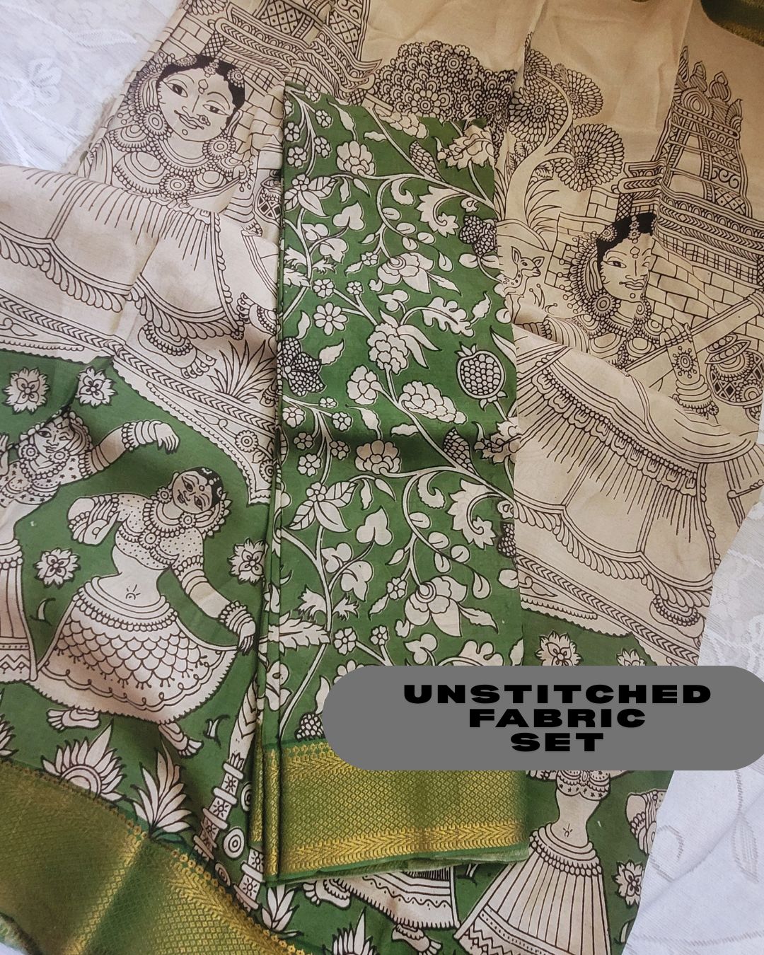 Kalamkari Silk Unstitched Lehenga Fabric 3pcs Set - Dark Green