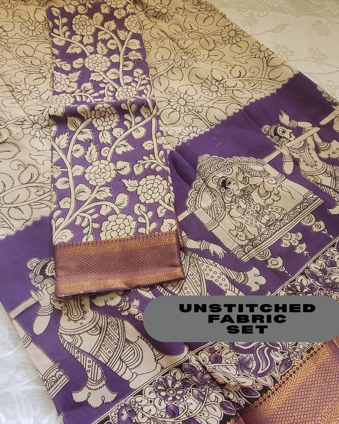 Kalamkari Silk Unstitched Lehenga Fabric 3pcs Set - purple