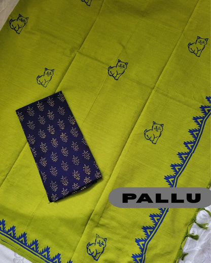 Cotton Mix Block Printed Saree with Contrast Additional Blouse Piece - Green Cat Cutie