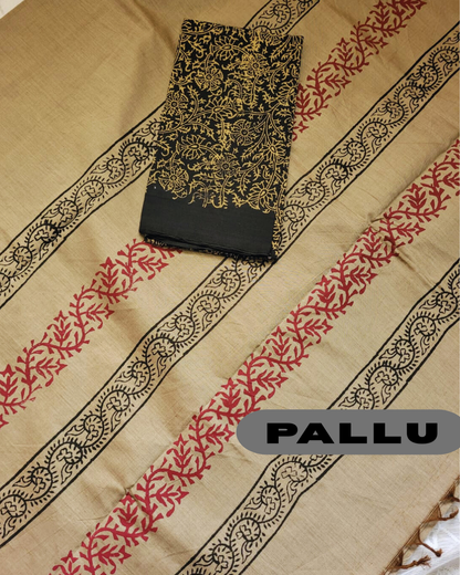Cotton Mix Block Printed Saree with Contrast Additional Blouse Piece - Dusty Golden Grey Latha