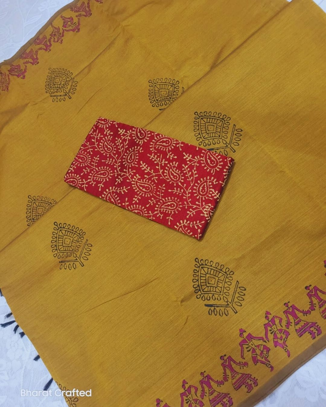 Cotton Mix designer leaf Block Printed Saree with Contrast Additional Blouse