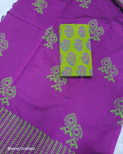 Cotton Mix leaf jumka Block Printed Saree with Contrast Additional Blouse