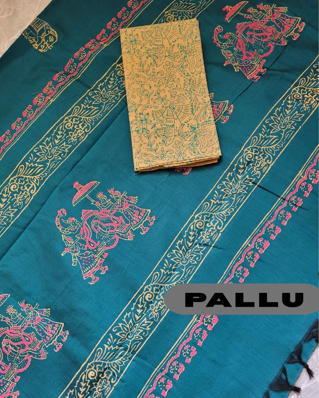 Cotton Mix Block Printed Saree with Contrast Additional Blouse Piece - Shaym Blue Ambari