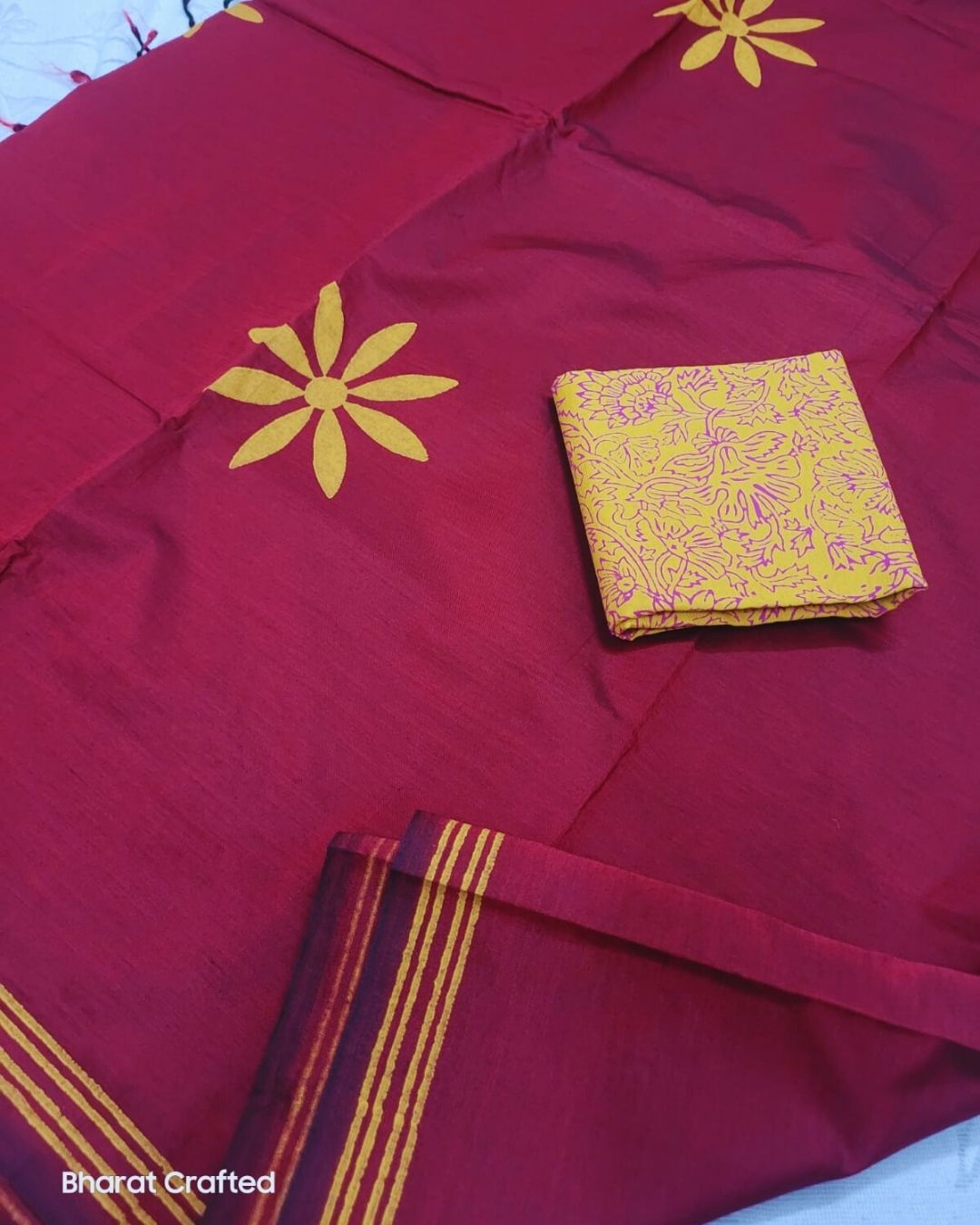 Cotton Mix flower Block Printed Saree with Contrast Additional Blouse