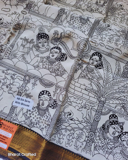 Kalamkari Nizam Border radha krishna Printed Saree