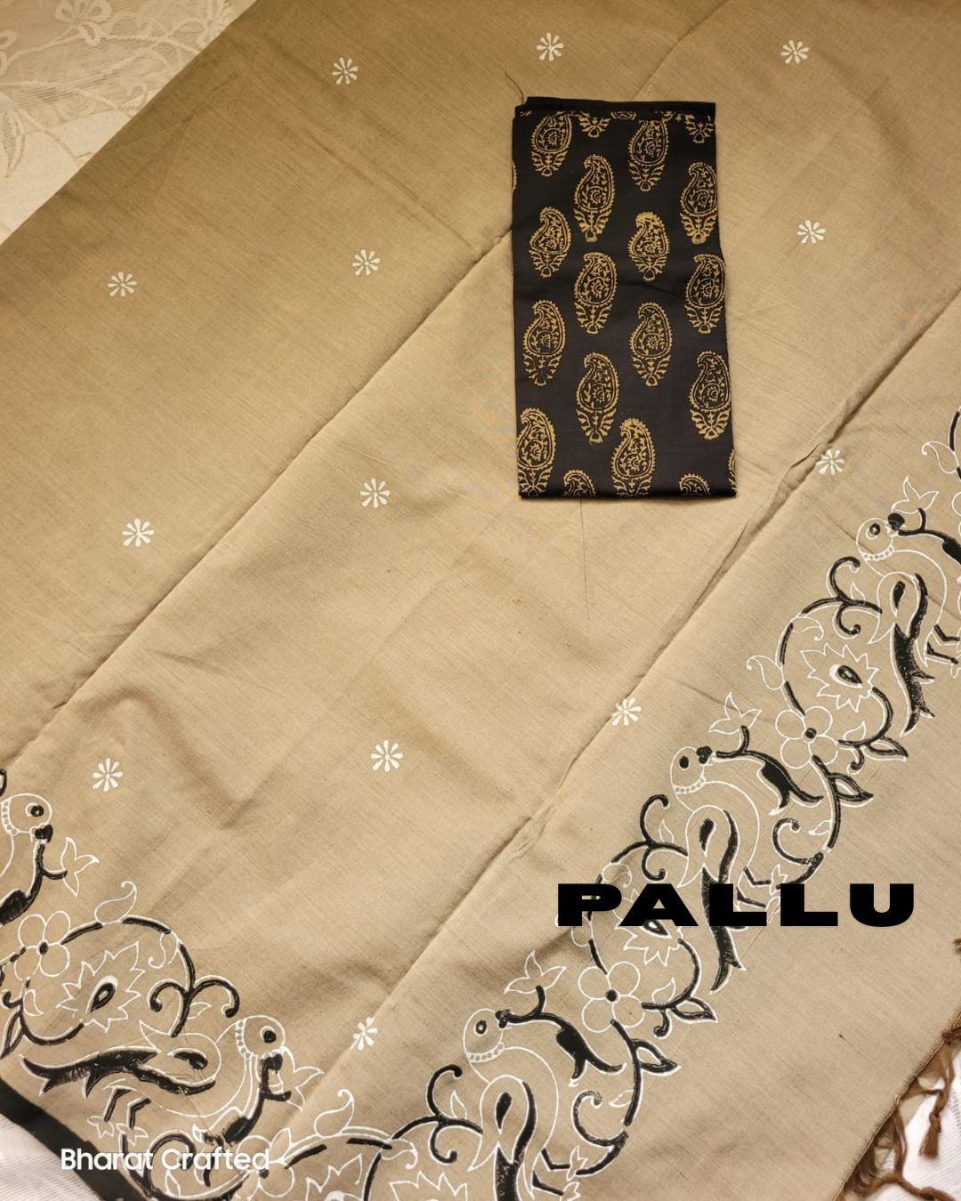 Cotton Mix Block Printed Saree with Contrast Additional Blouse Piece - Golden Grey Parrot Border