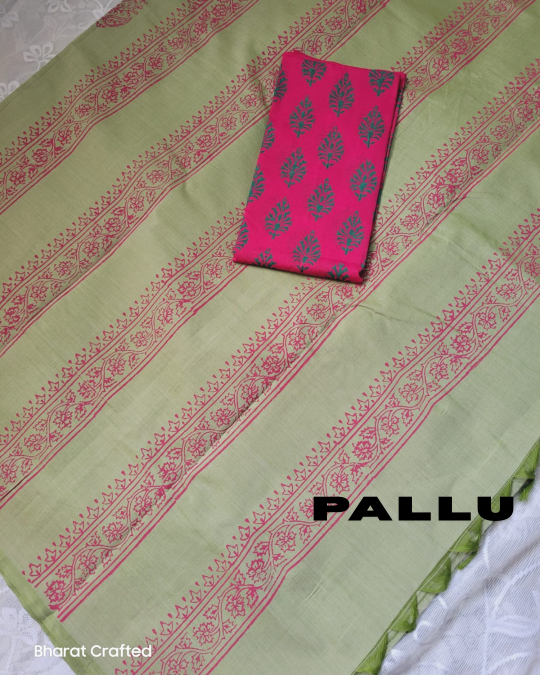 Cotton Mix Block Printed Saree with Contrast Additional Blouse Piece - Pastel Green