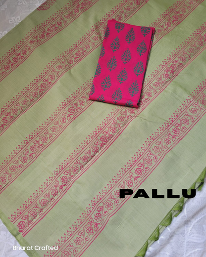 Cotton Mix Block Printed Saree with Contrast Additional Blouse Piece - Pastel Green