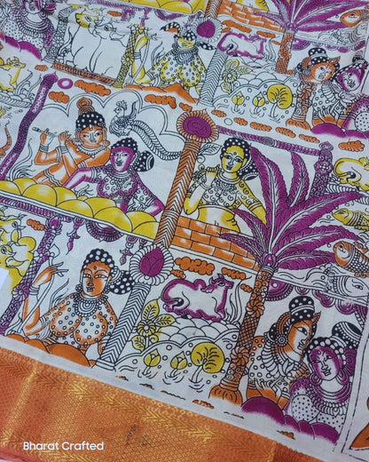 Kalamkari Nizam Border radha krishna cow and fish Printed Saree