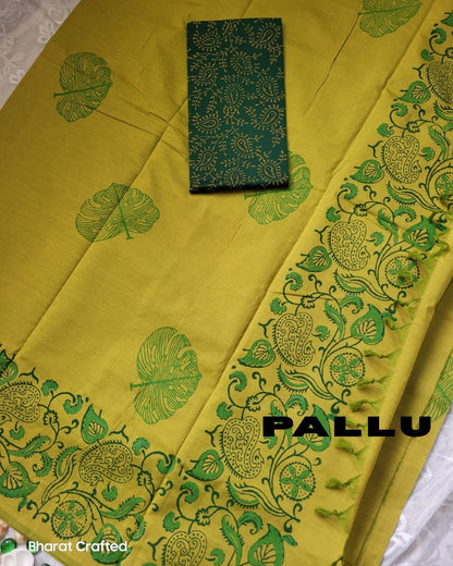 Cotton Mix Block Printed Saree with Contrast Additional Blouse Piece - Raavi