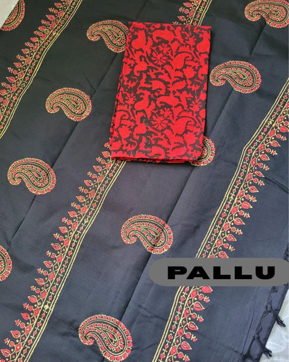 Cotton Mix Block Printed Saree with Contrast Additional Blouse Piece - Florescent Pink Paisley on Black