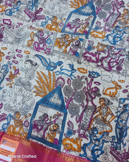 Kalamkari Nizam Border dancing women pose peacock saree