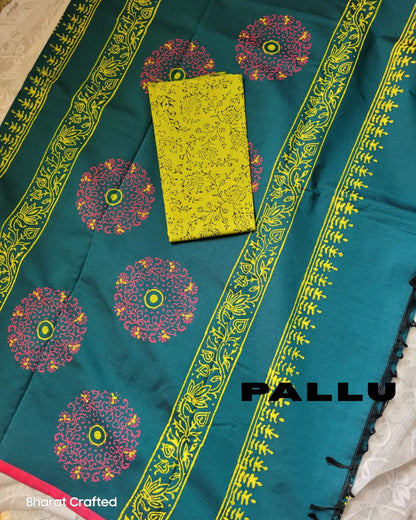 Cotton Mix Block Printed Saree with Contrast Additional Blouse Piece - Florescent Green Chakra
