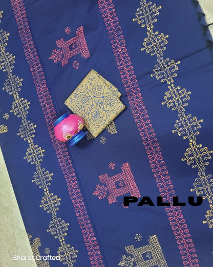 Cotton Mix Block Printed Saree with Contrast Additional Blouse Piece - Blue Rath Kollam