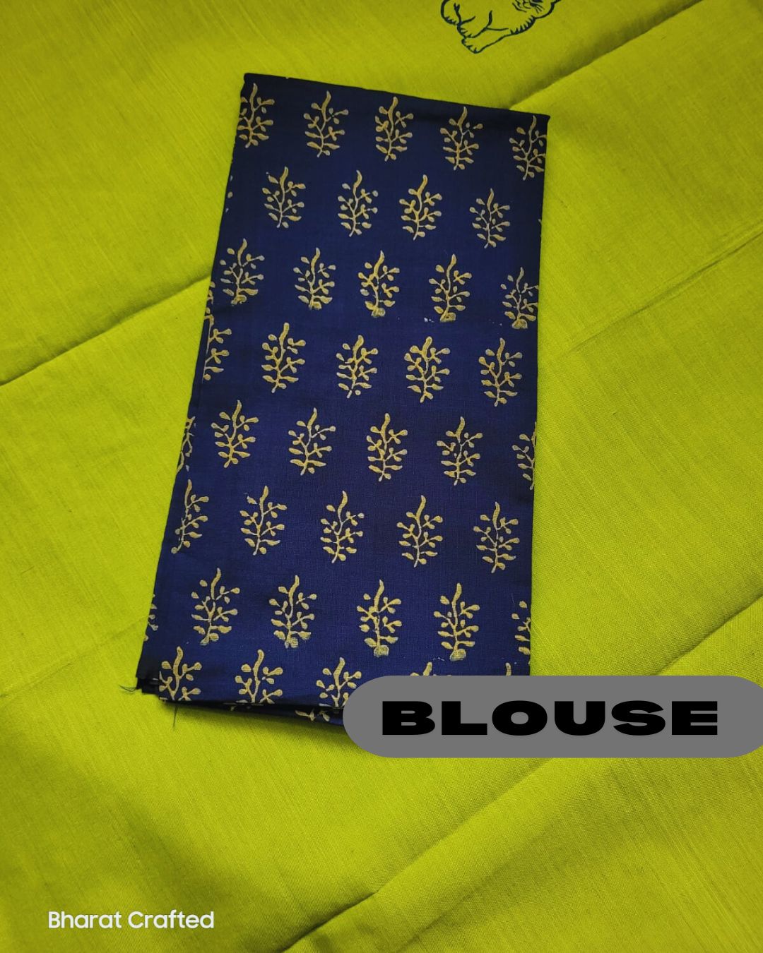 Cotton Mix Block Printed Saree with Contrast Additional Blouse Piece - Green Cat Cutie