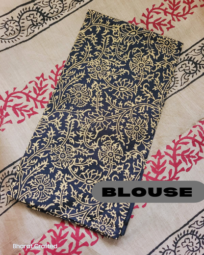 Cotton Mix Block Printed Saree with Contrast Additional Blouse Piece - Dusty Golden Grey Latha