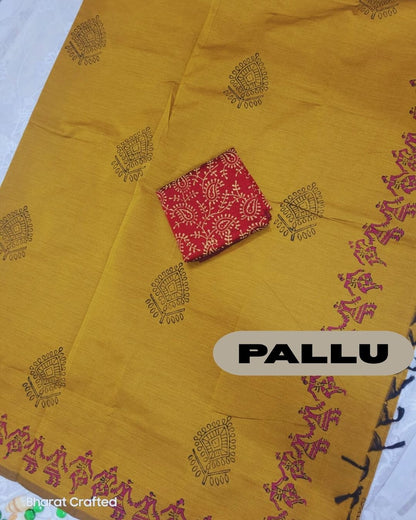 Cotton Mix designer leaf Block Printed Saree with Contrast Additional Blouse