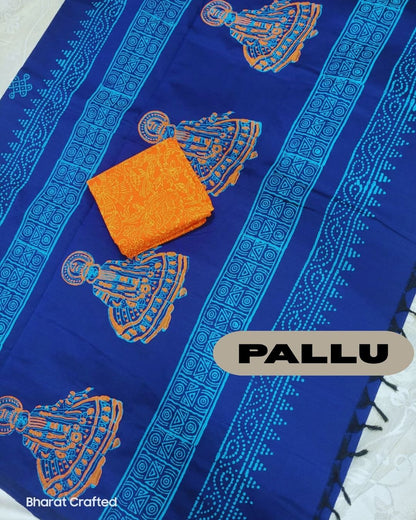 Cotton Mix kathak Block Printed Saree with Contrast Additional Blouse