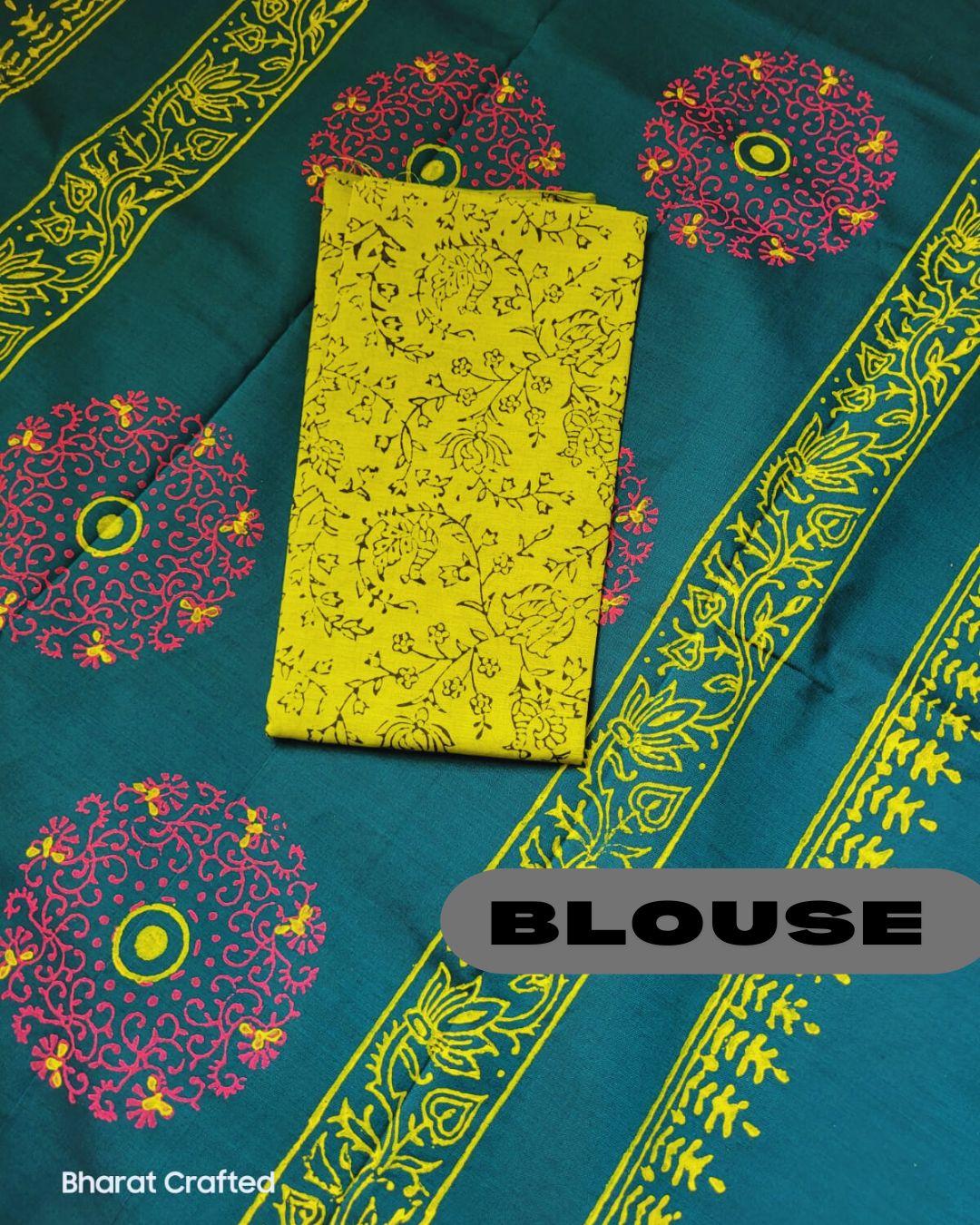 Cotton Mix Block Printed Saree with Contrast Additional Blouse Piece - Florescent Green Chakra