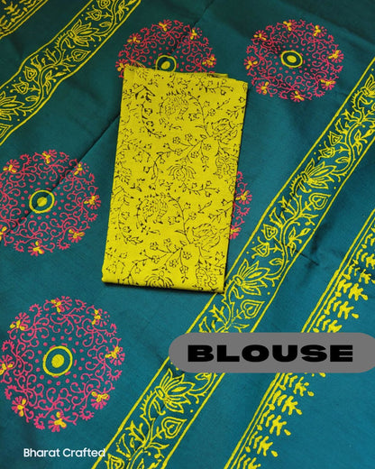 Cotton Mix Block Printed Saree with Contrast Additional Blouse Piece - Florescent Green Chakra
