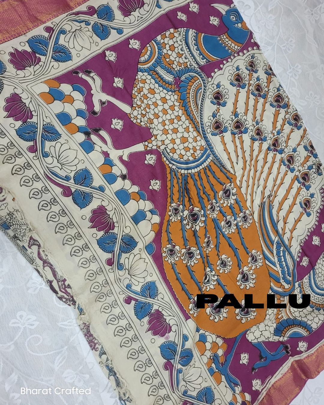 Kalamkari Nizam Border dancing women pose peacock saree