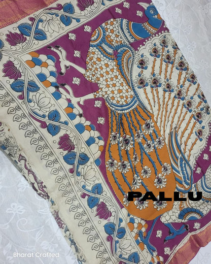 Kalamkari Nizam Border dancing women pose peacock saree