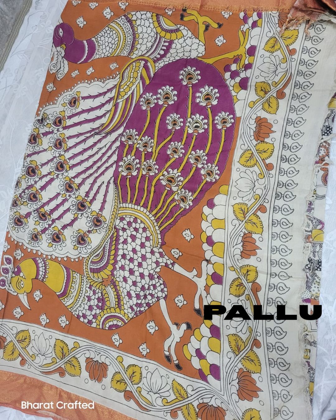 Kalamkari Nizam Border radha krishna cow and fish Printed Saree