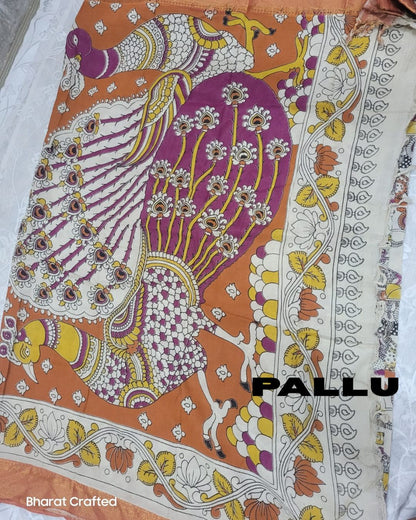 Kalamkari Nizam Border radha krishna cow and fish Printed Saree