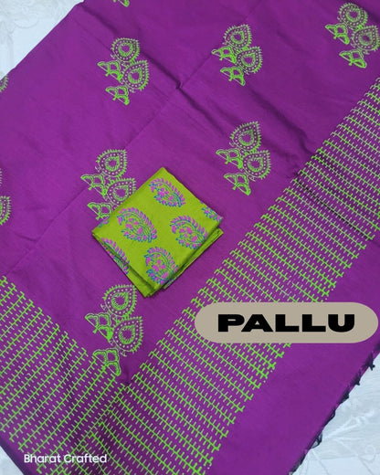 Cotton Mix leaf jumka Block Printed Saree with Contrast Additional Blouse