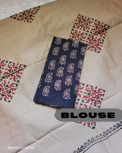 Cotton Mix Block Printed Saree with Contrast Additional Blouse Piece - Dusky Grey With Prisma Print