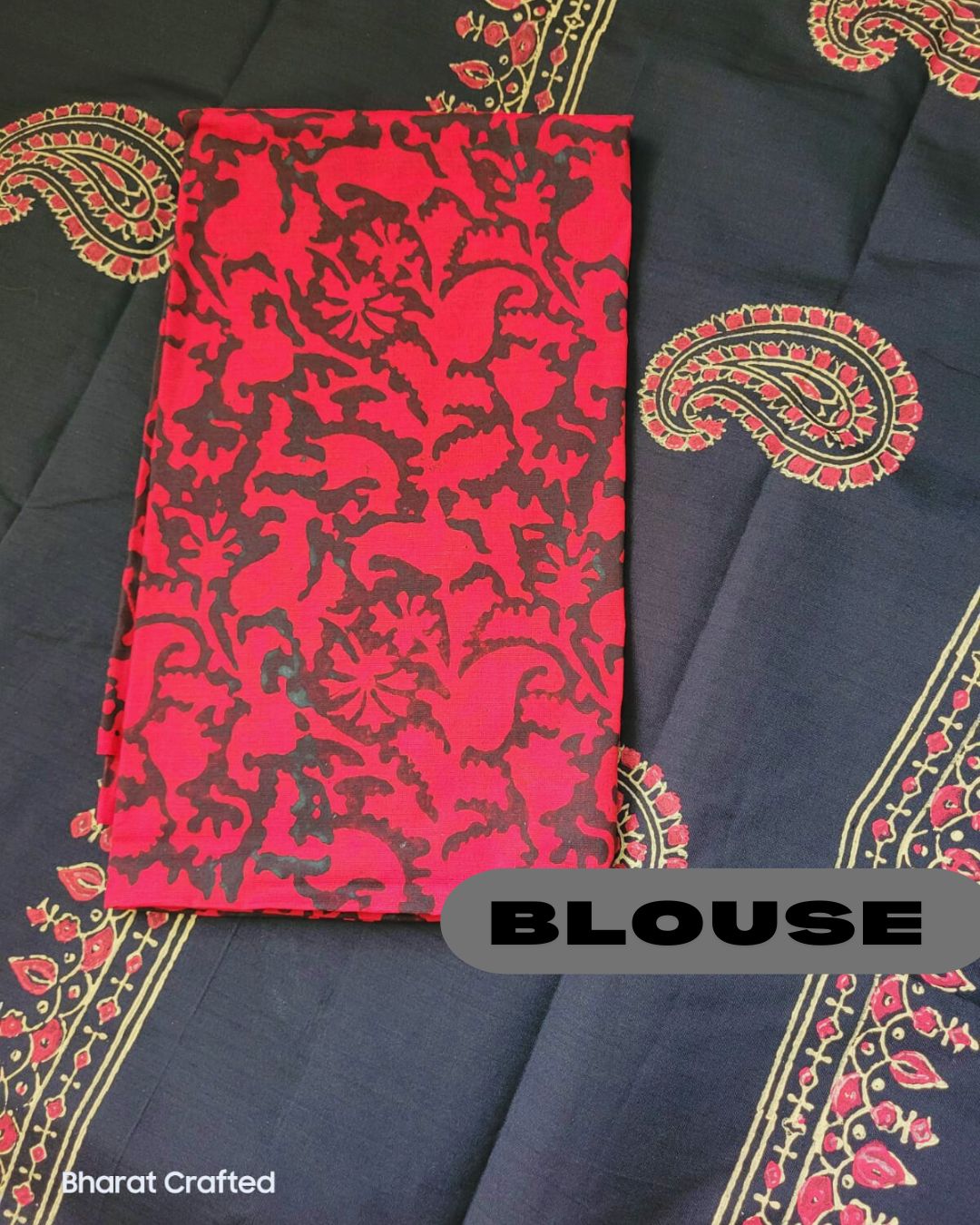Cotton Mix Block Printed Saree with Contrast Additional Blouse Piece - Florescent Pink Paisley on Black