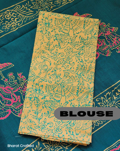 Cotton Mix Block Printed Saree with Contrast Additional Blouse Piece - Shaym Blue Ambari