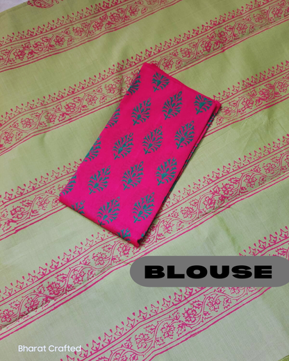 Cotton Mix Block Printed Saree with Contrast Additional Blouse Piece - Pastel Green