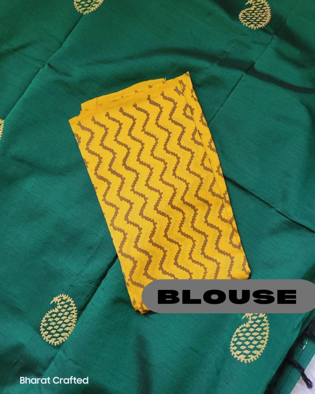 Cotton Mix Block Printed Saree with Contrast Additional Blouse Piece - Green Yellow Blouse