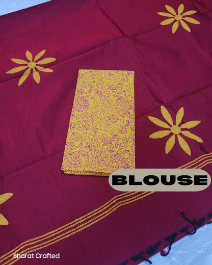 Cotton Mix flower Block Printed Saree with Contrast Additional Blouse